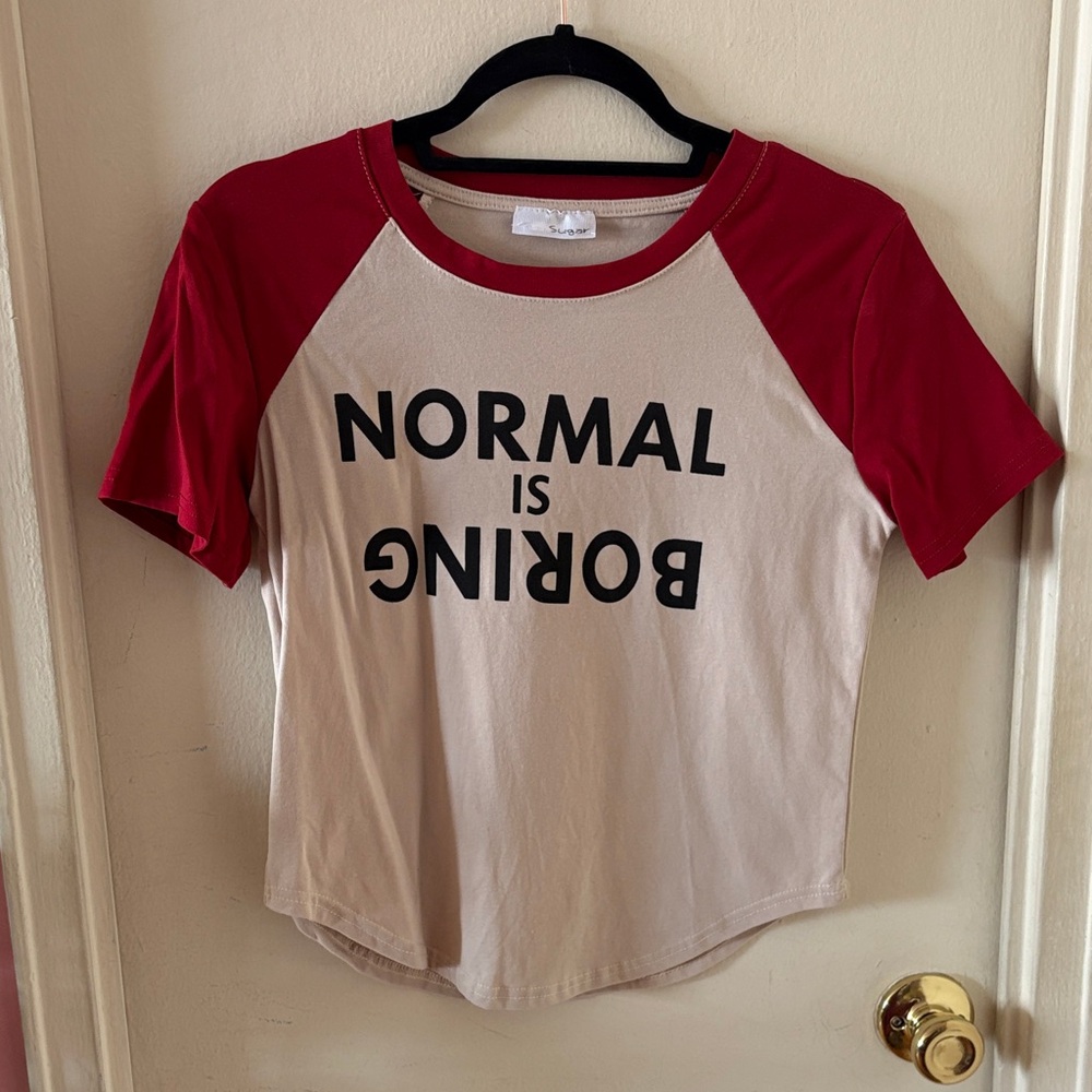 Normal is Boring White/Grey and Red Raglan Graphic T-shirt